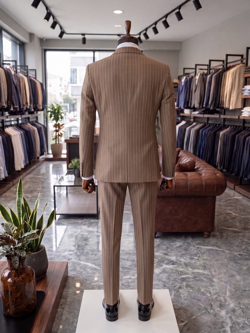 KRZ-2606 SÜTLÜ KAHVE ÇİZGİLİ SLİMFİT KRUVAZE TAKIM ELBİSE