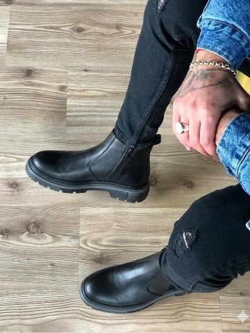 OLD-221 Siyah Deri Yandan Fermuarlı