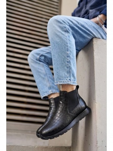 OLD-224 Damalı Siyah Deri Spor Siyah Taban