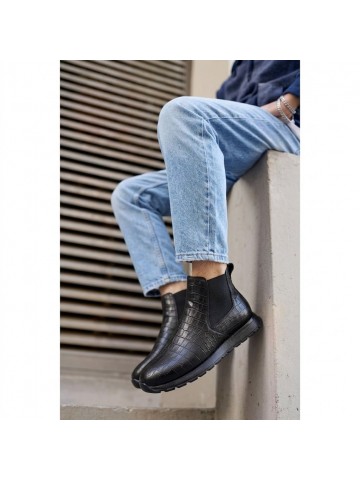 OLD-224 Damalı Siyah Deri Spor Siyah Taban