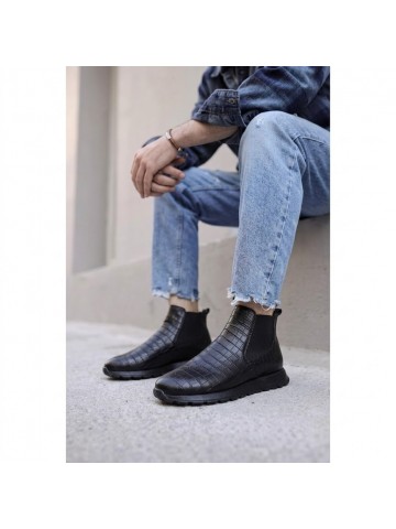 OLD-224 Damalı Siyah Deri Spor Siyah Taban