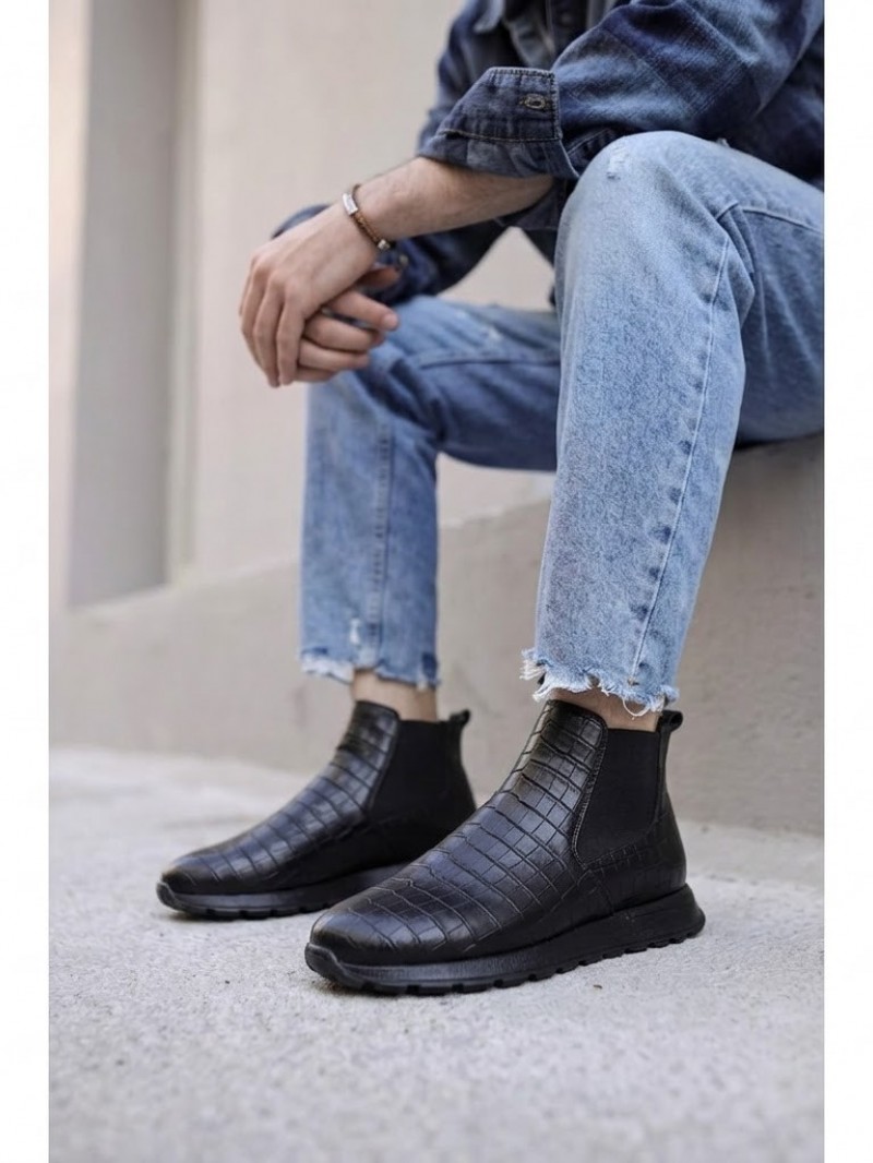 OLD-224 Damalı Siyah Deri Spor Siyah Taban