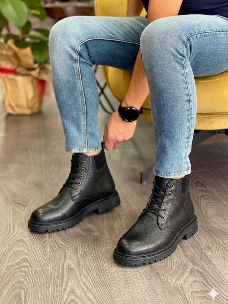 OLD-241 Siyah Deri Taban Bağcıklı