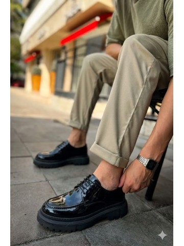 OLD-5050 Siyah Deri Parlak Bağcıklı